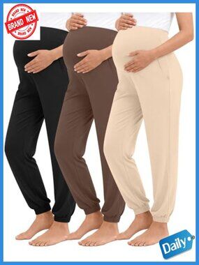 3-Pack Maternity Joggers Pregnancy Pants Over Belly Stretch, Pockets, Lounge,